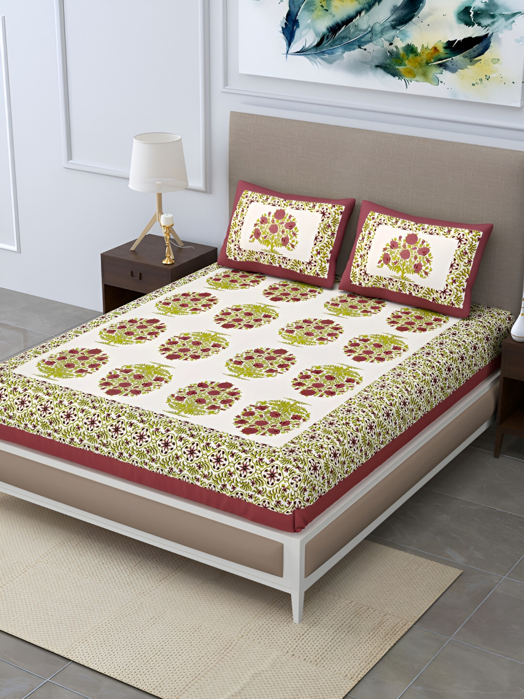 POORAK Serina Maroon Floral Cotton 104 TC Queen Coarse Bedsheet with 2 Pillow Covers-100 x 90 inches