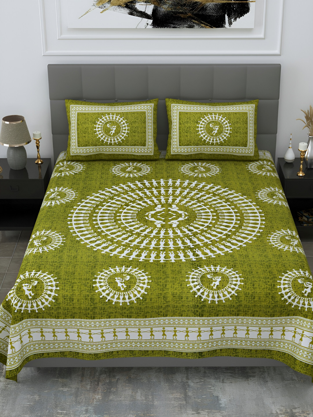 POORAK Green Graphic Cotton 104 TC Queen Coarse Bedsheet with 2 Pillow Covers-100 x 90 inches