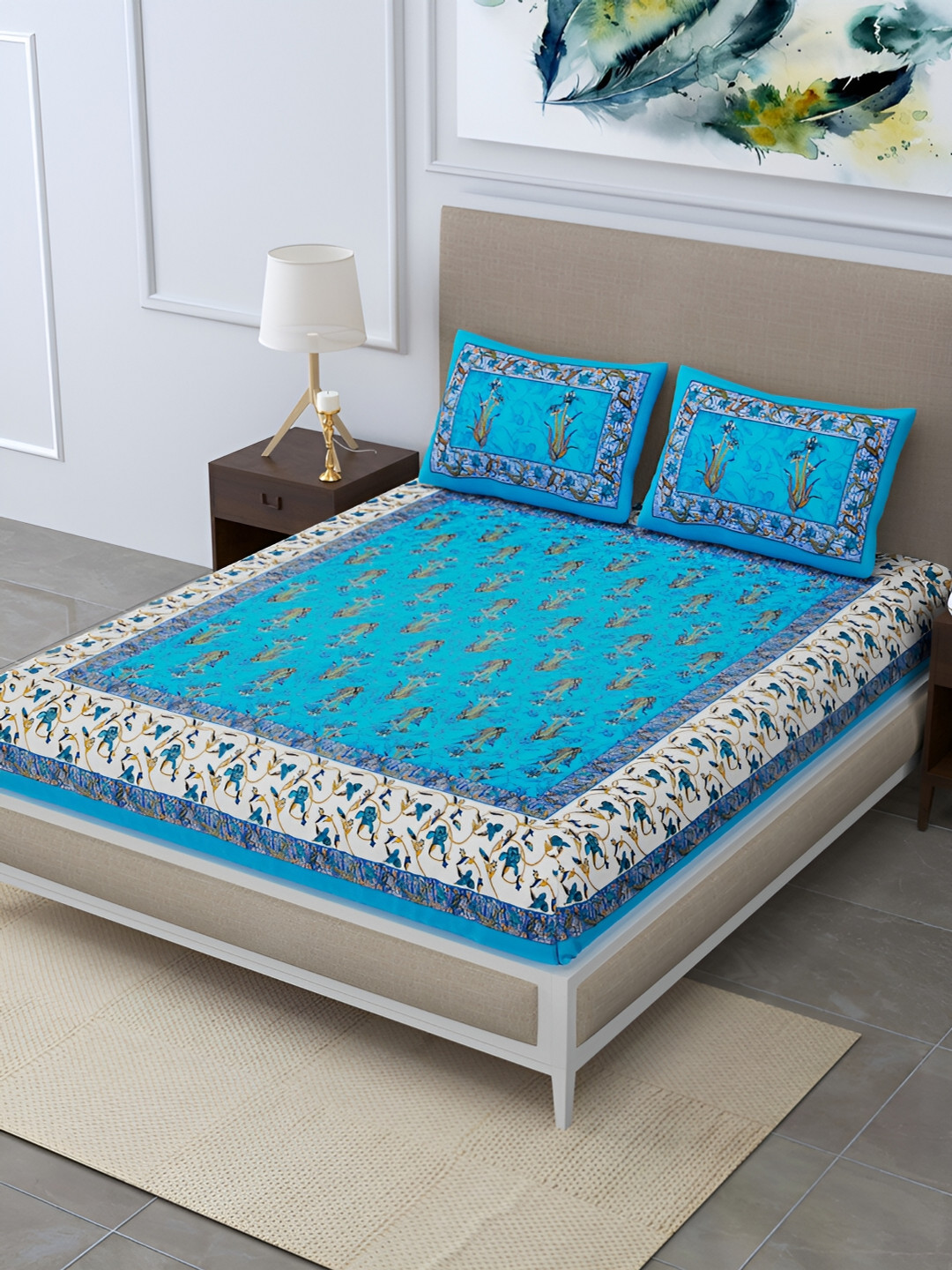 POORAK Blue Floral Pure Cotton 104 TC Queen Coarse Bedsheet with 2 Pillow Covers-100 x 90 inches