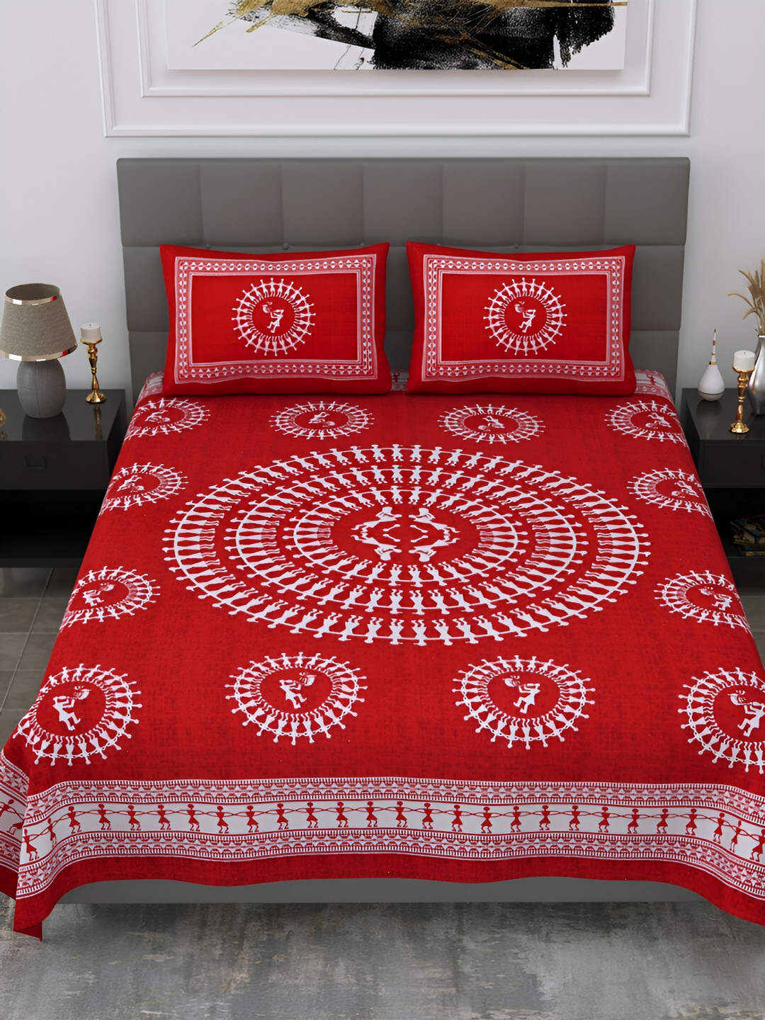 POORAK Red Graphic Cotton 104 TC Queen Coarse Bedsheet with 2 Pillow Covers-91 x 83 inches