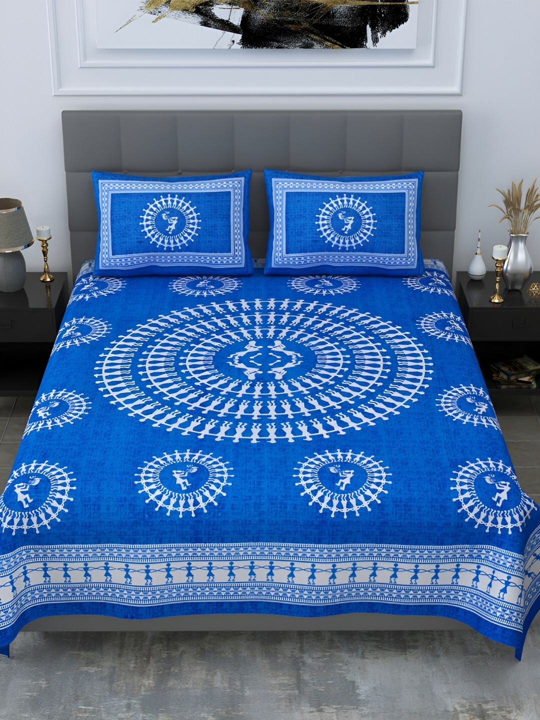 POORAK Blue Conversational Pure Cotton 104 TC Queen Coarse Bedsheet with 2 Pillow Covers-100 x 90 inches