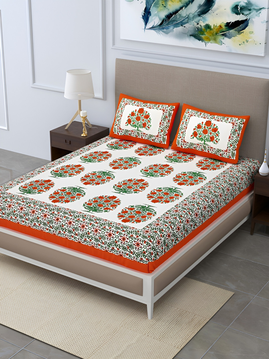 POORAK Orange Ethnic Motifs Pure Cotton 104 TC Queen Coarse Bedsheet with 2 Pillow Covers-100 x 90 inches