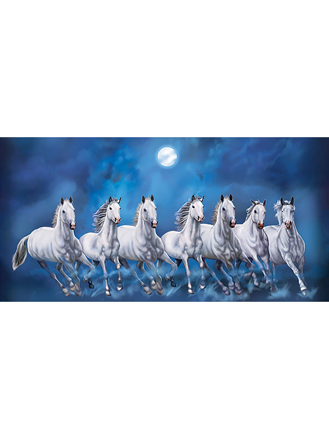 British Terminal Blue & White Vastu Lucky Seven Horses Running At Sunrise Wall Poster