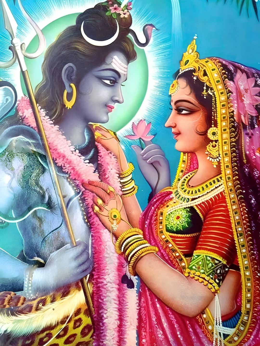 British Terminal Blue & Pink Religious Lord Shankar With Goddess Parvati Mata Wall Poster