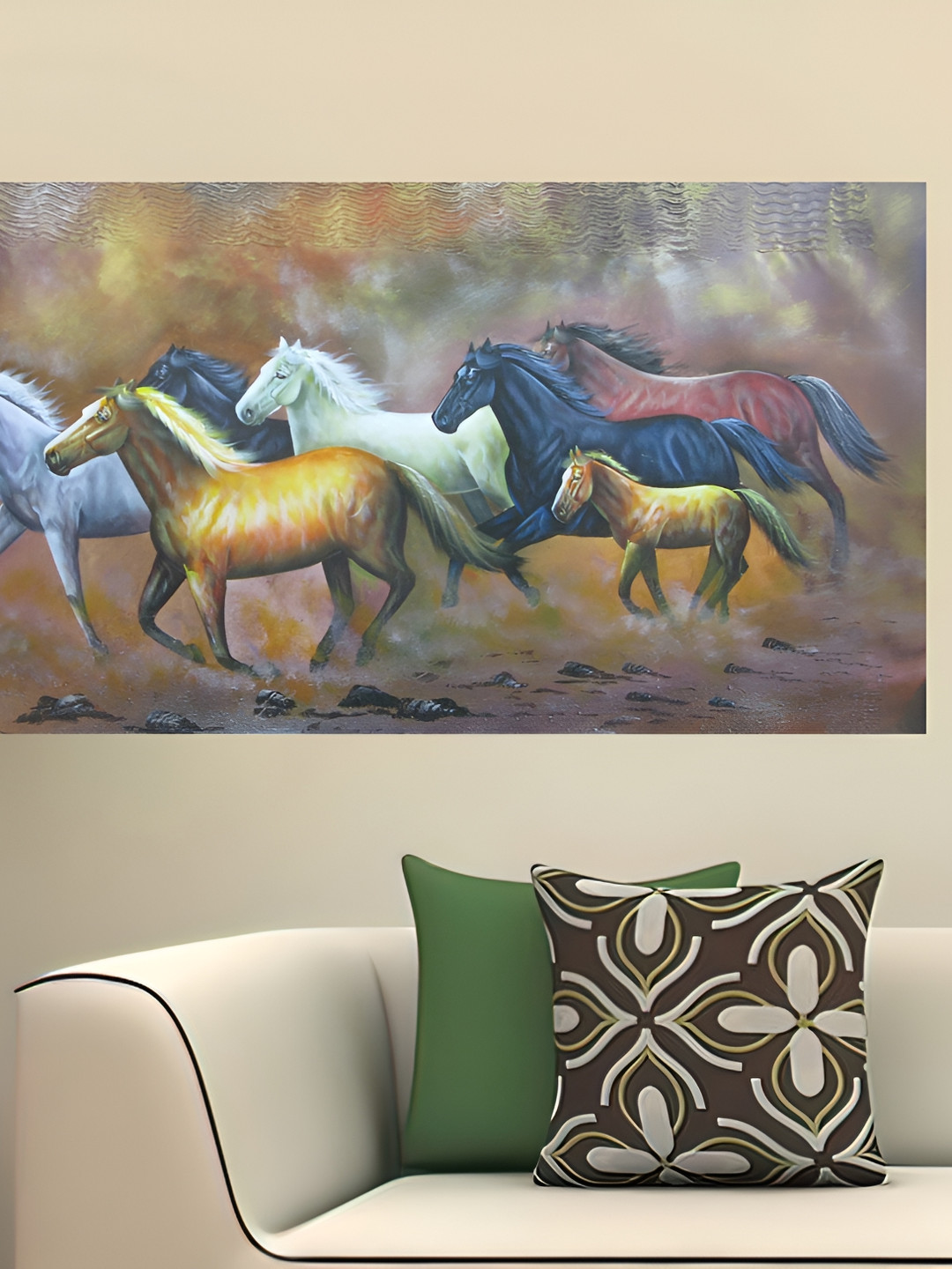 British Terminal Yellow & Blue Religious Seven Horses Running At Sunrise Wall Poster