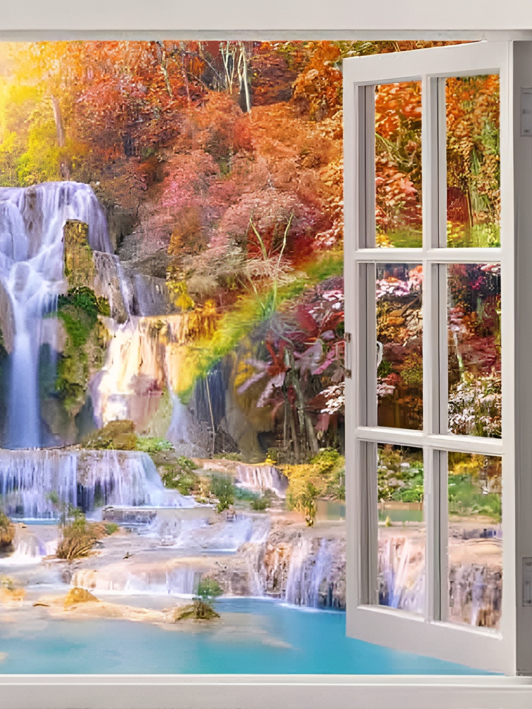 British Terminal Orange & White 3D Vastu Beautiful Nature Waterfall Wall Sticker