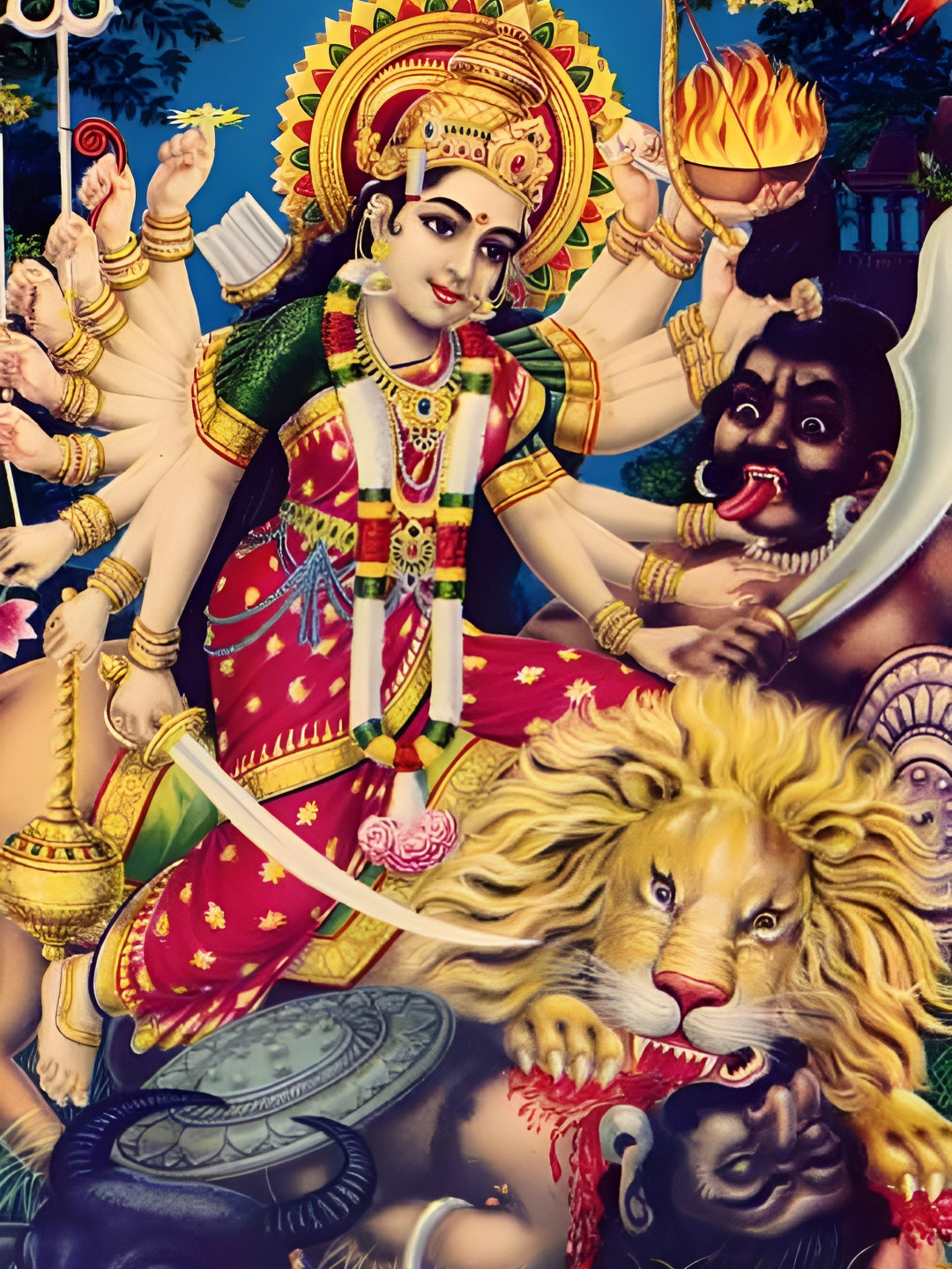 British Terminal Gold-Toned & Red Religious Goddess Durga Wall Poster