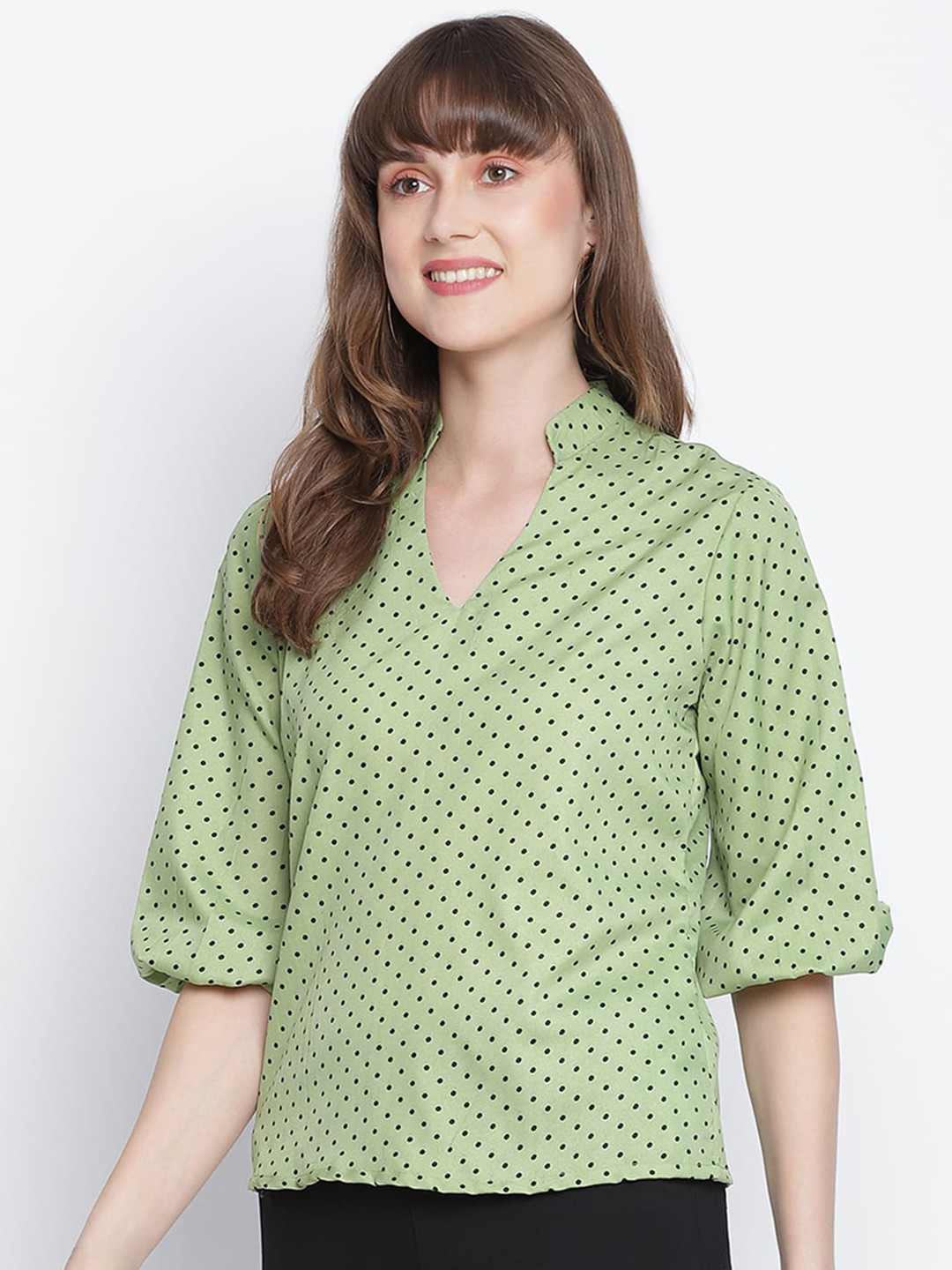 DRAAX Fashions Polka POT Print Mandarin Collar Top