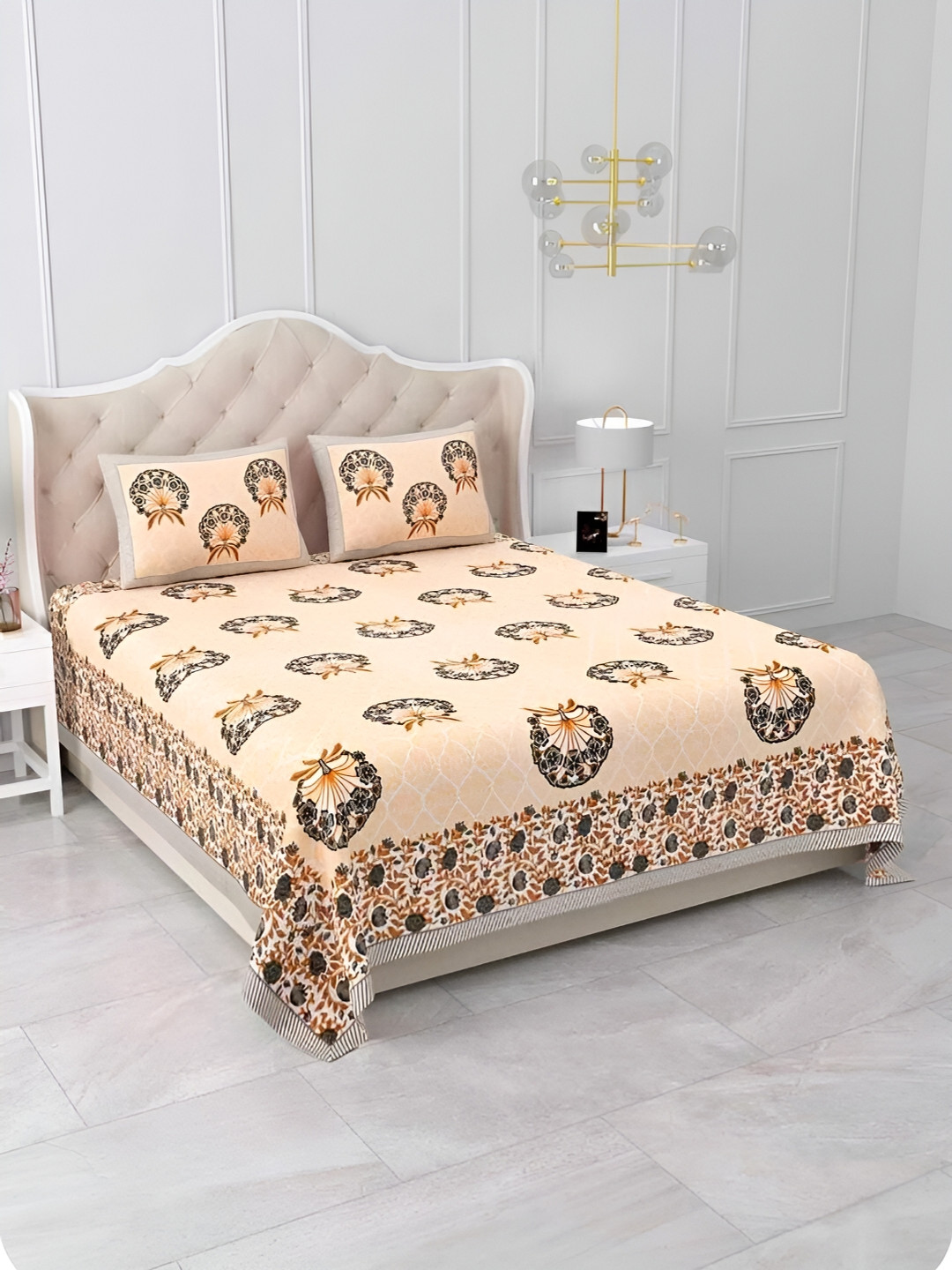 Qfab Brown Floral Cotton Dotted 250 TC King Fine Bedsheet with 2 Pillow Covers-89 x 110 inches