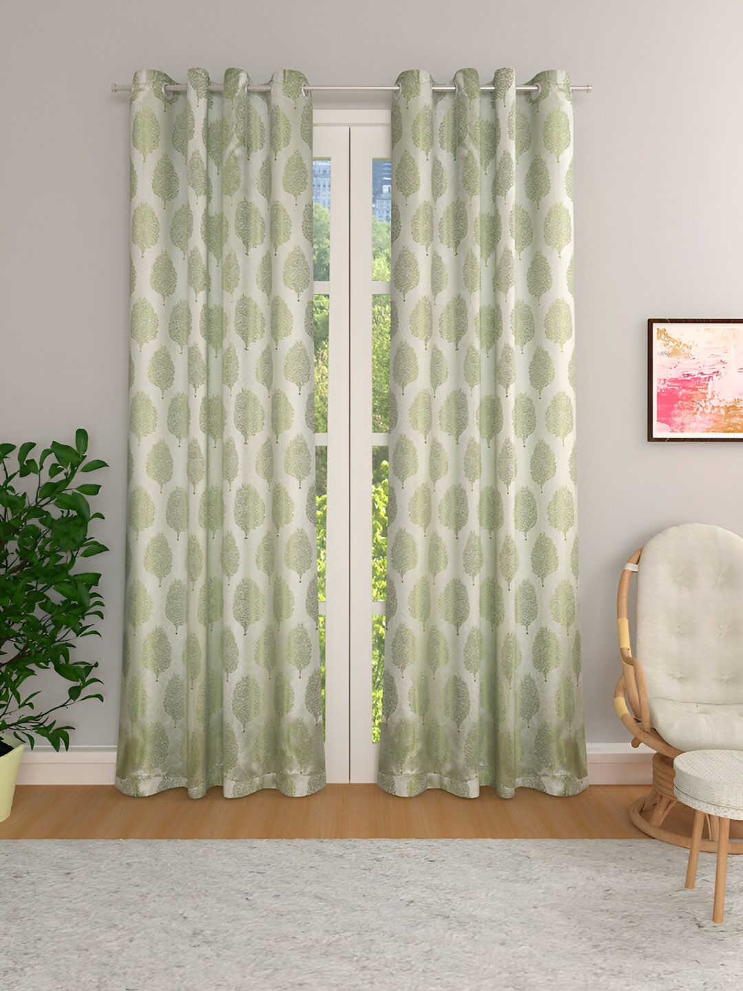 THE CONVERSION Green Set of 2 Floral Room Darkening Long Door Curtain