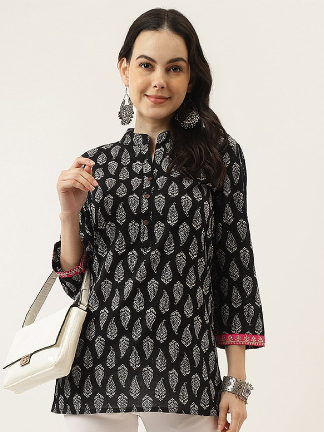 Mandvi Geometric Print Mandarin Collar Cotton Shirt Style Top