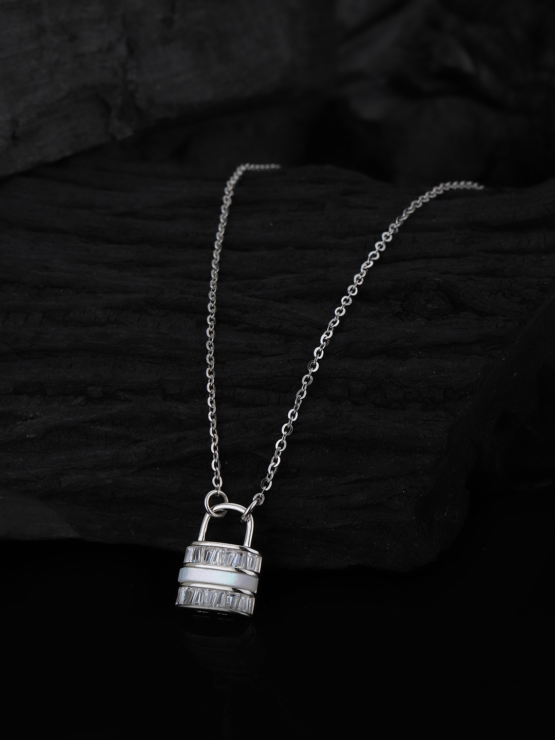 Carlton London925 Sterling Silver Rhodium Plated with CZ Lock Pendant with Chain