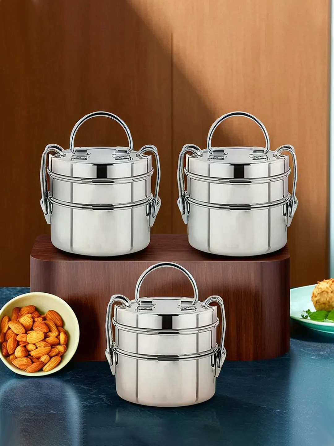 Kuber Industries Clipper Stainless Steel Easy to Clean 3PCs Lunch Box With Spoon and Fork