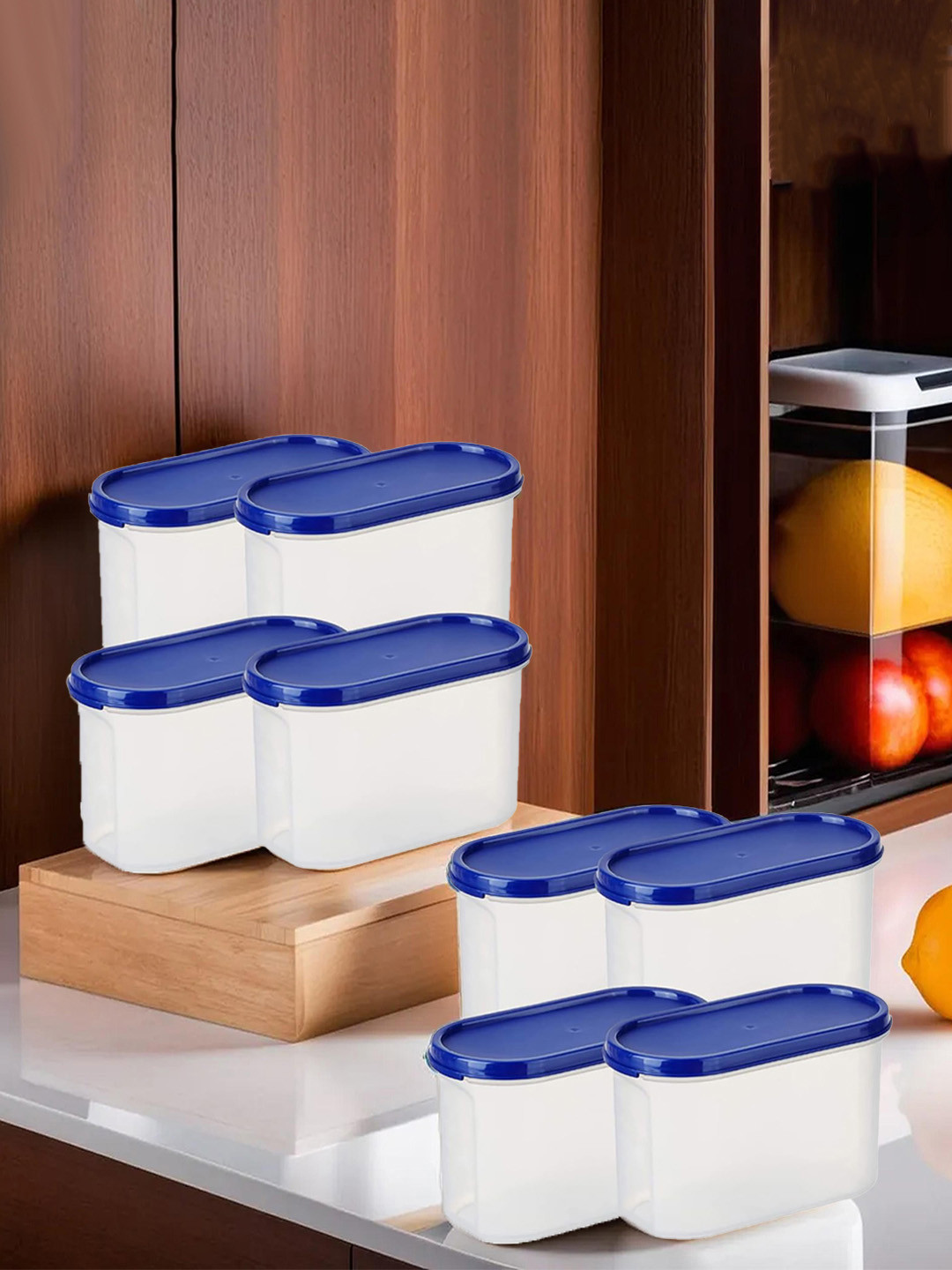 Kuber industries Blue Plastic Dishwasher Safe 8 Piece Flip Top Graduated Container-1.2L