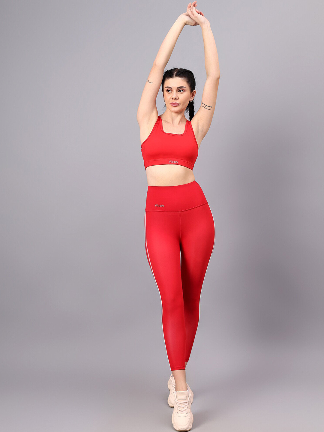 Fitkin Women Red High-Rise Anti Odour Ankle Length Tights
