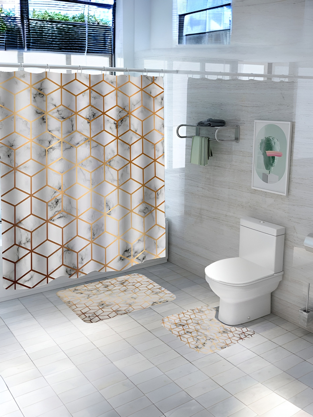 UMAI White & Grey 3 Pieces Printed Shower Curtain & Bathmats