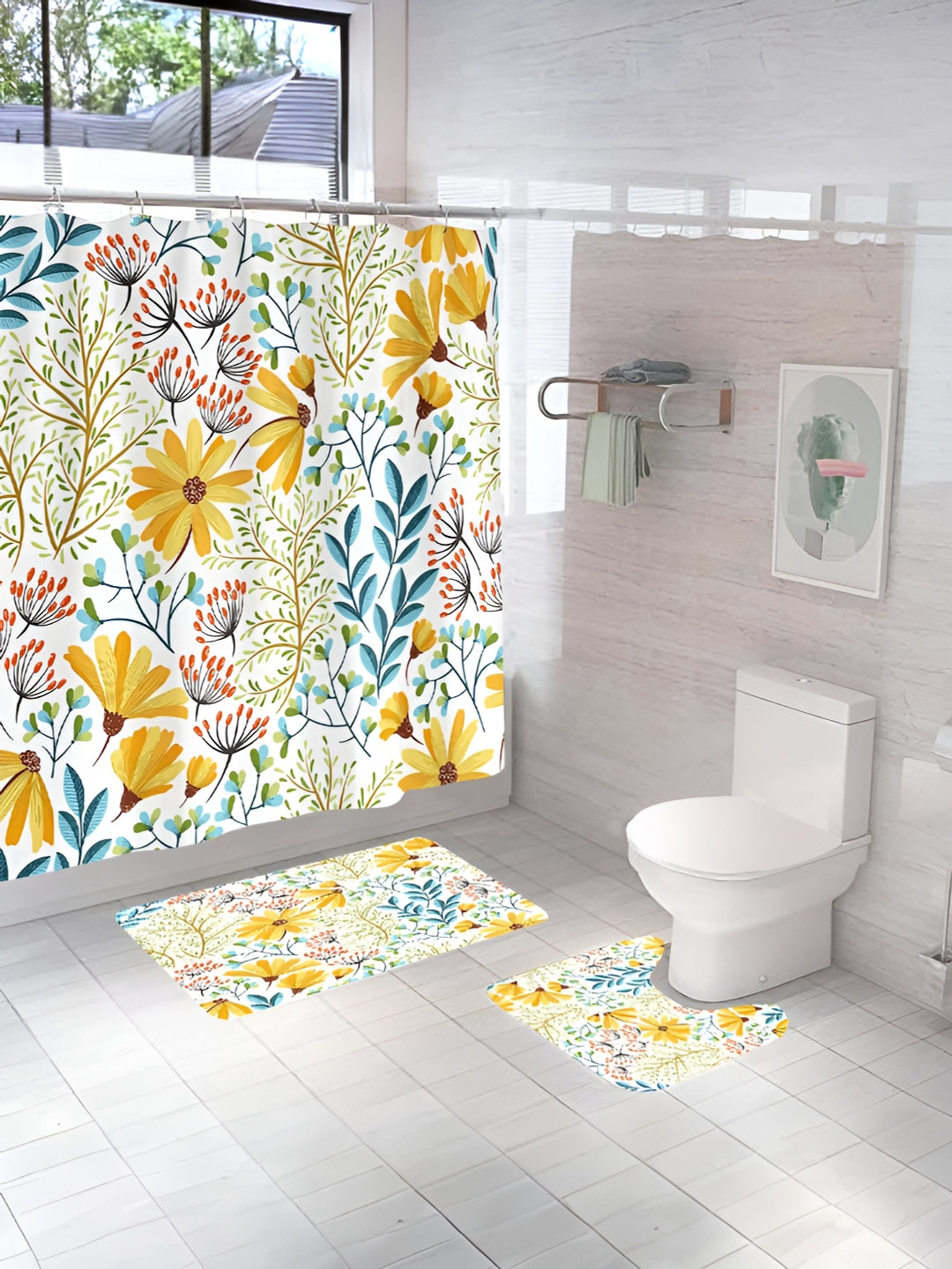 UMAI White & Yellow 3 Pieces Printed Shower Curtain & Bathmats