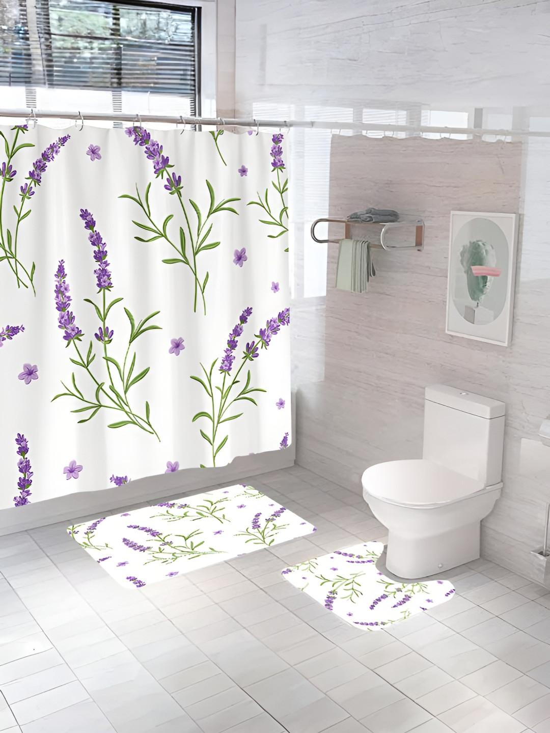 UMAI White & Purple 3 Pieces Printed Shower Curtain & Bathmats