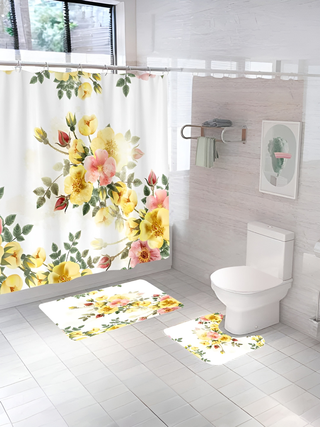 UMAI White & Yellow 3 Pieces Printed Shower Curtain & Bathmats