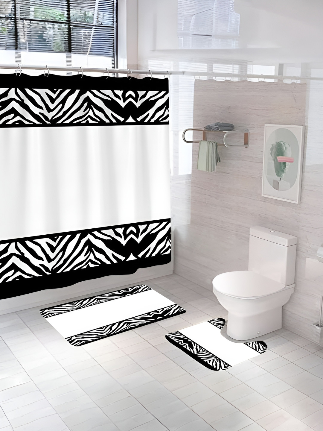 UMAI White & Black 3Pcs Printed Shower Curtain & Bathmat