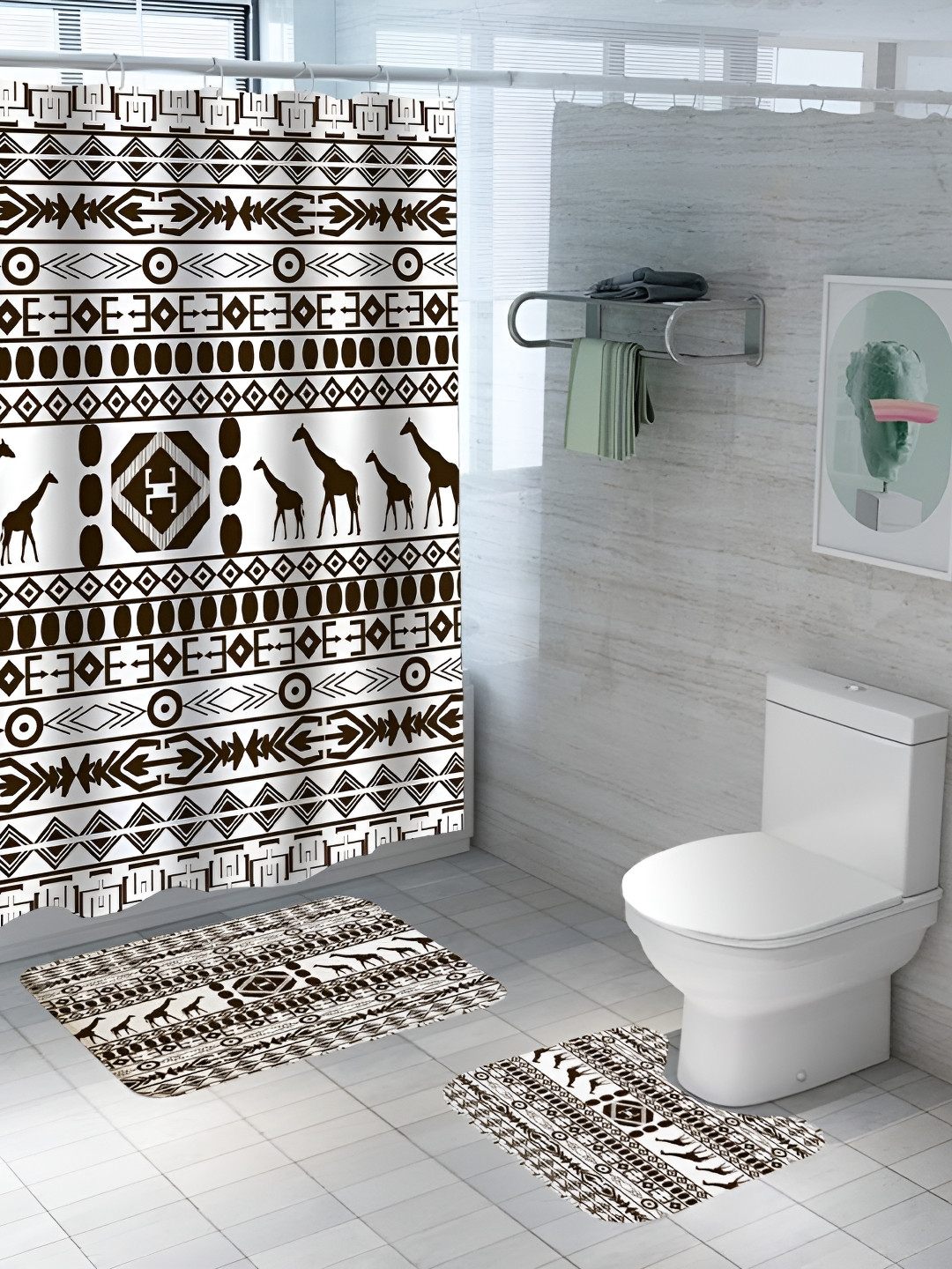UMAI White & Brown 3 Pieces Printed Shower Curtain & Bathmats