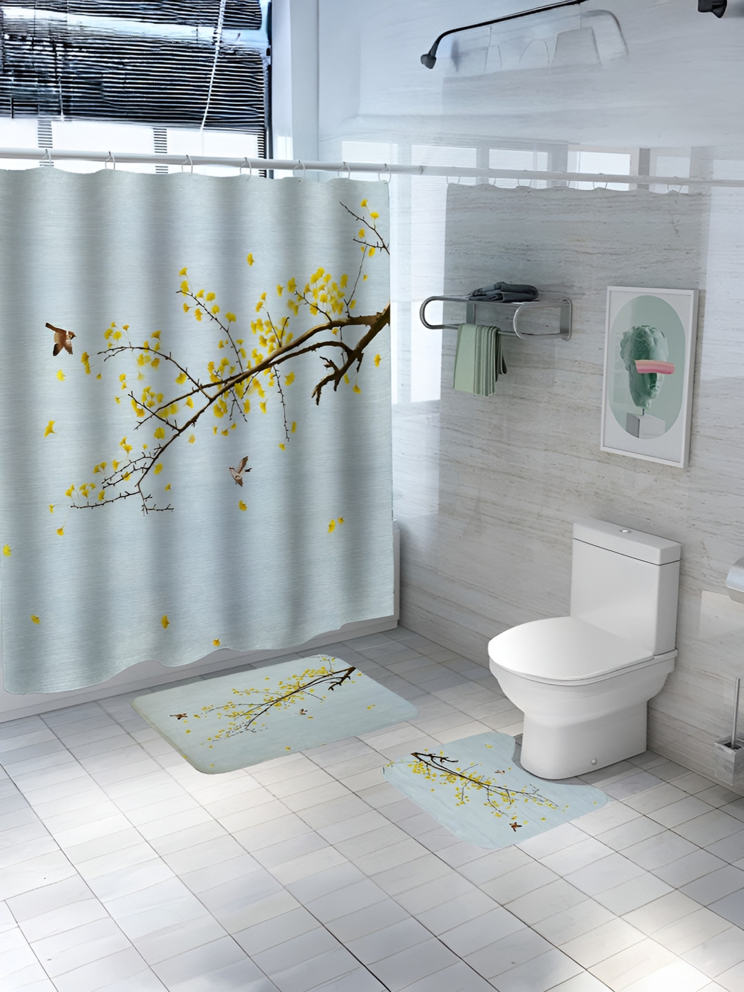 UMAI Grey & Yellow 3 Pieces Shower Curtain & Bathmat Set