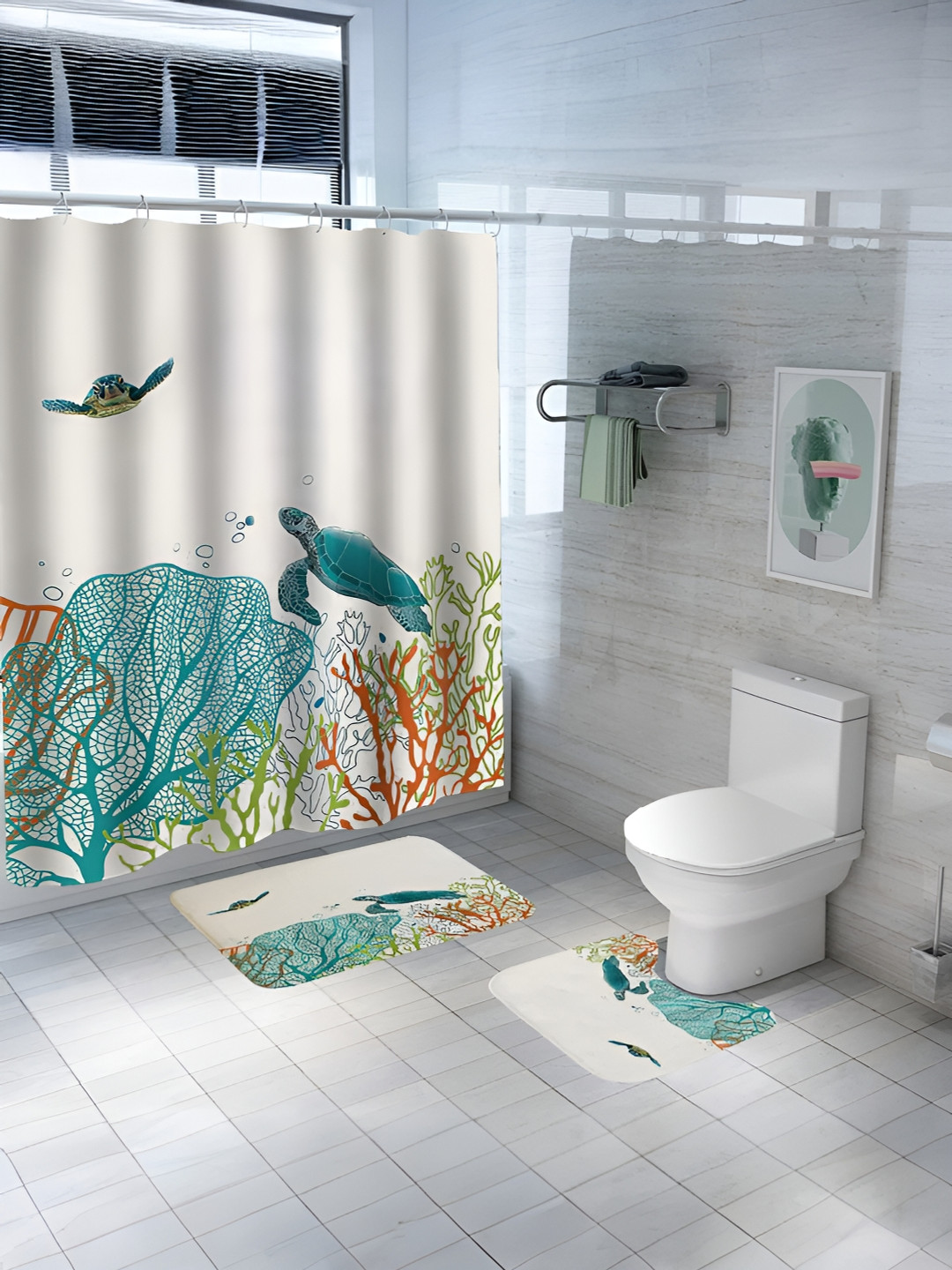 UMAI Off White & Green 3 Pieces Printed Shower Curtain & Bathmats
