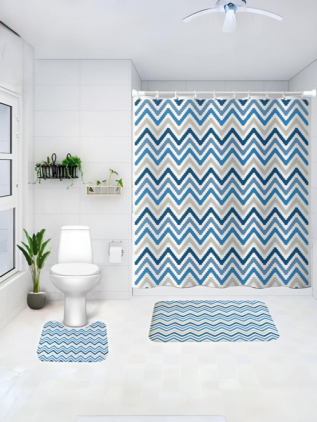 UMAI Blue & Yellow 3Pcs Printed Shower Curtain & Bathmat