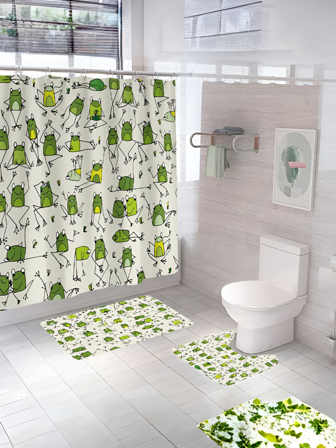 UMAI Green & Beige 3 Pieces Printed Shower Curtain & Bathmats