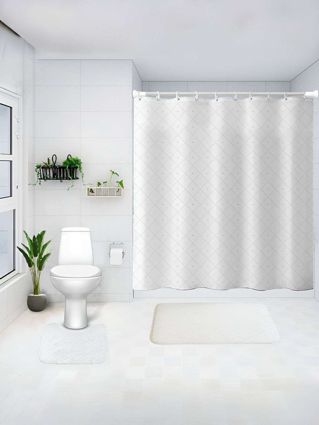 UMAI White & Grey 3Pcs Printed Shower Curtain & Bathmat Set