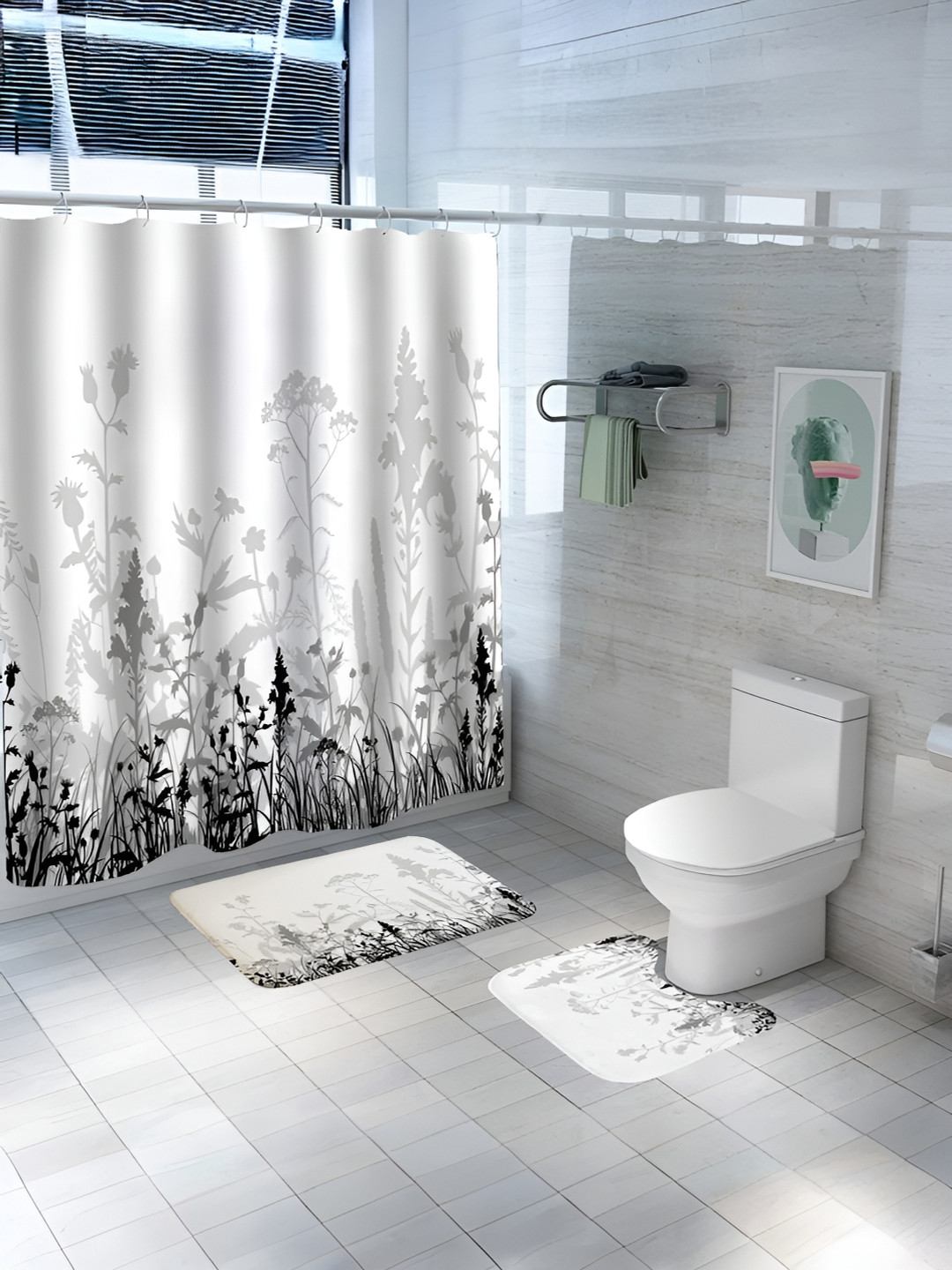 UMAI White & Black 3Pcs Printed Shower Curtain & Bathmat Set
