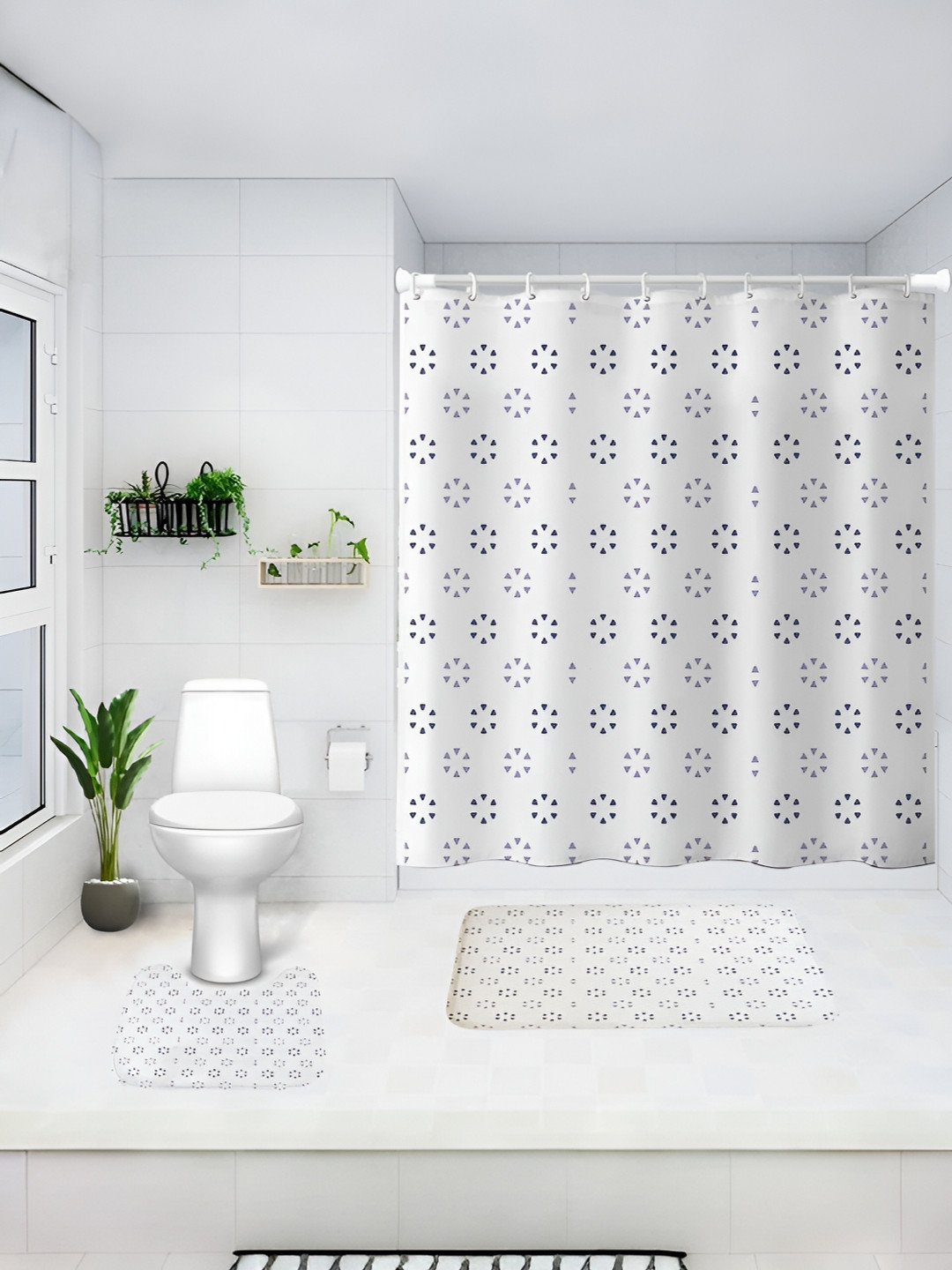 UMAI White & Blue 3 Pieces Printed Shower Curtain & Bathmats