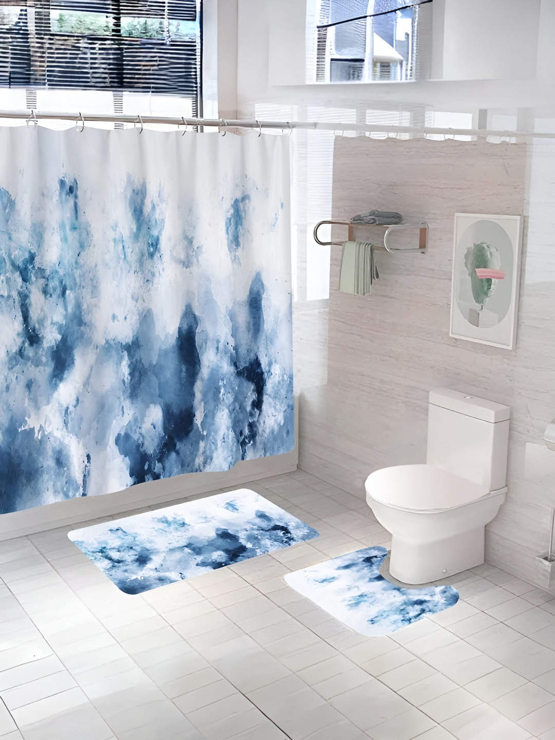UMAI Blue & White 3 Pieces Printed Shower Curtain & Bathmat Set