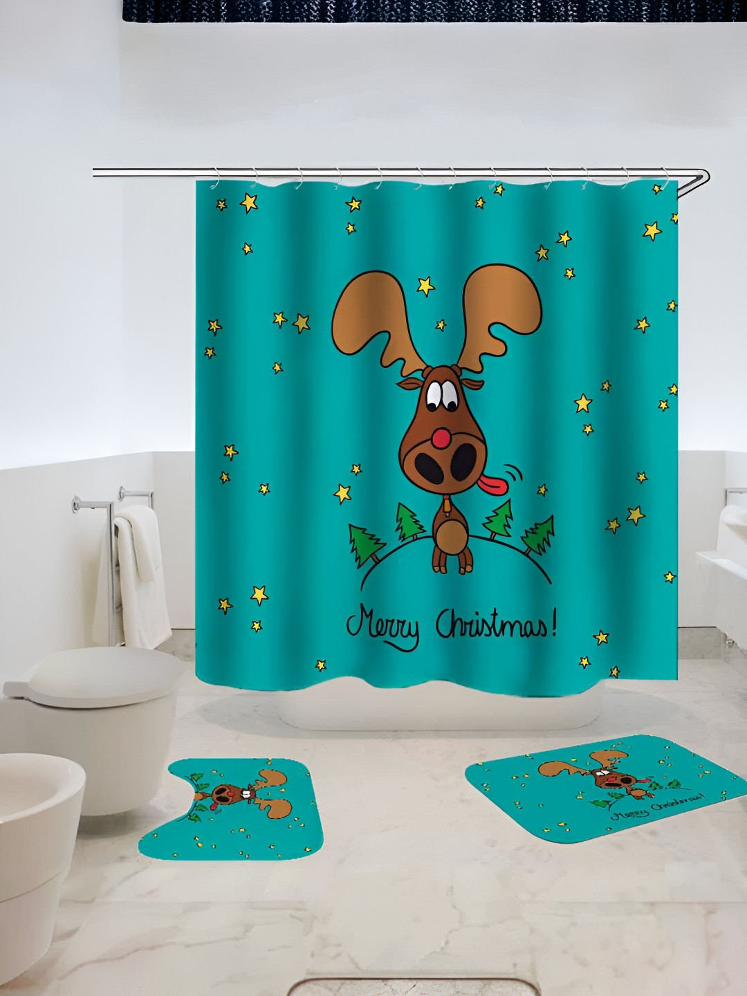 UMAI Green & Brown 3 Pieces Printed Shower Curtain & Bathmats