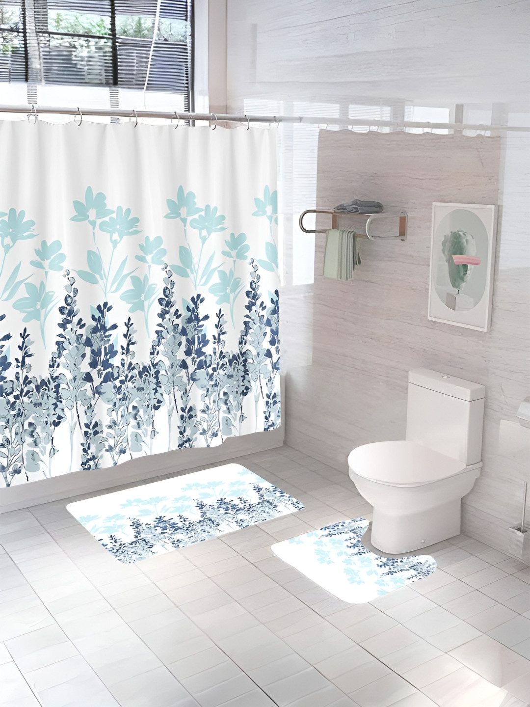 UMAI White & Blue 3Pcs Printed Shower Curtain & Bathmat