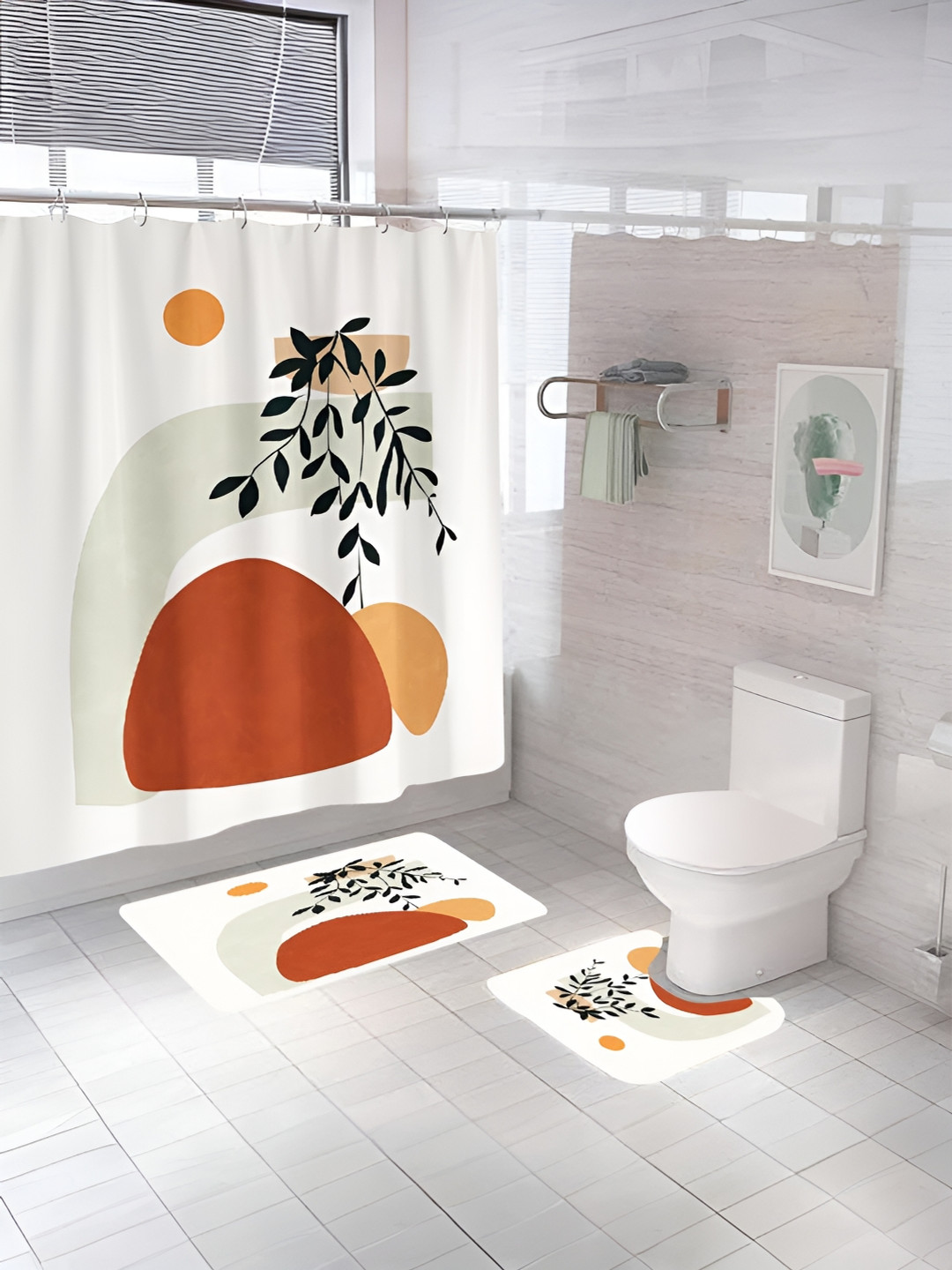 UMAI White & Brown 3 Pieces Printed Shower Curtain & Bathmats