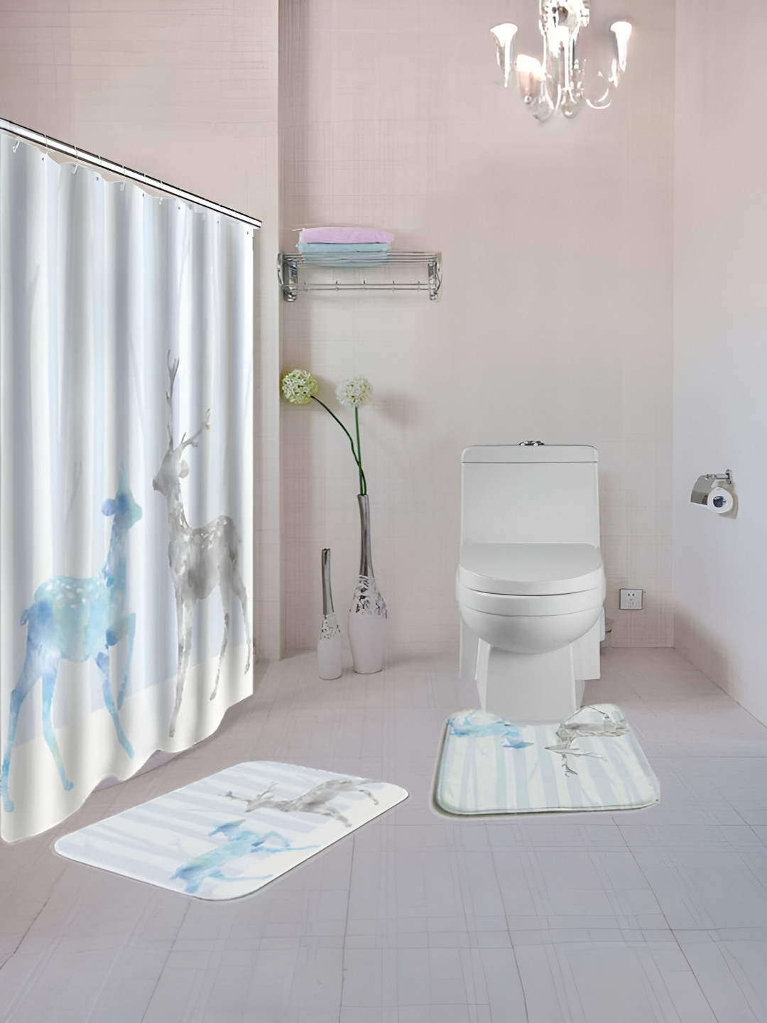 UMAI Blue & White 3Pcs Printed Shower Curtain & Bathmat