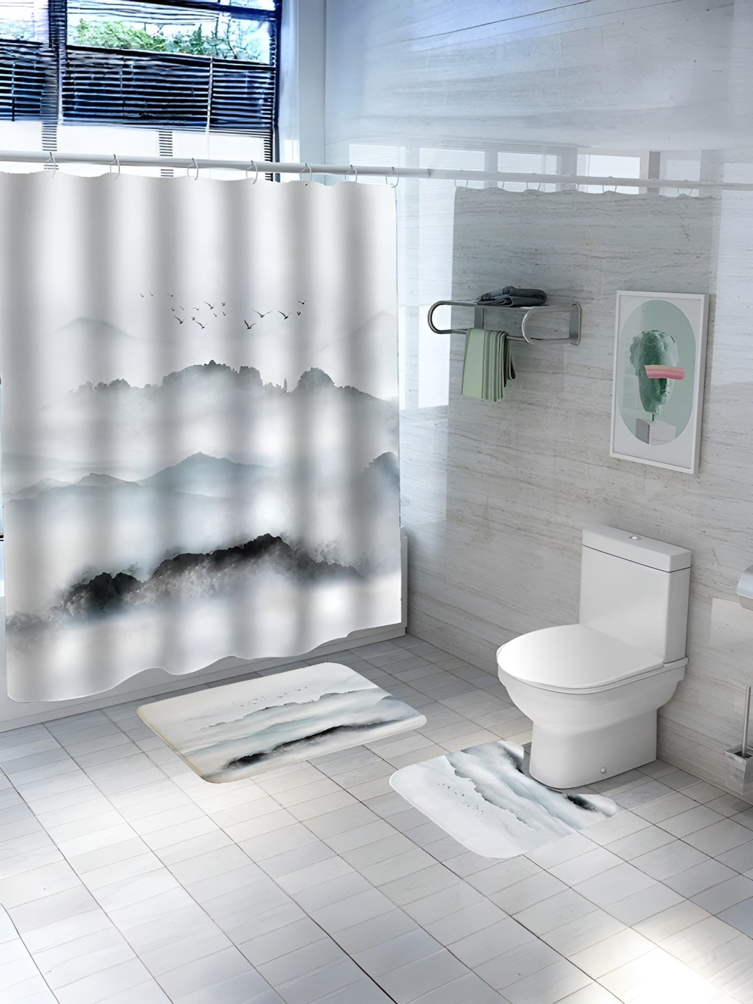 UMAI White 3 Pieces Shower Curtains With Bath Mats