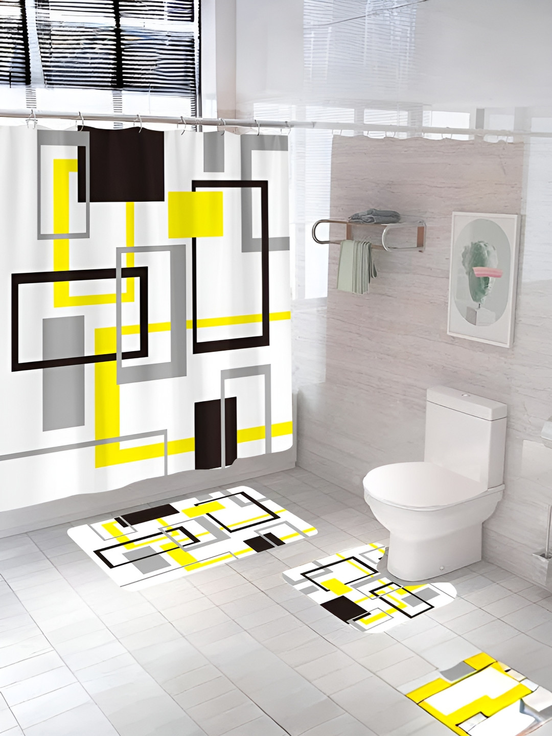 UMAI White 3 Pieces Shower Curtains With Bath Mats