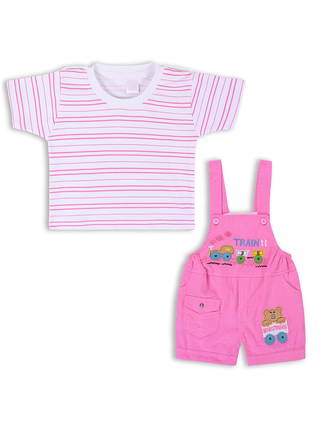 Wish Karo Infant Boys Embroidered Pure Cotton Dungaree Comes With Striped T-Shirt