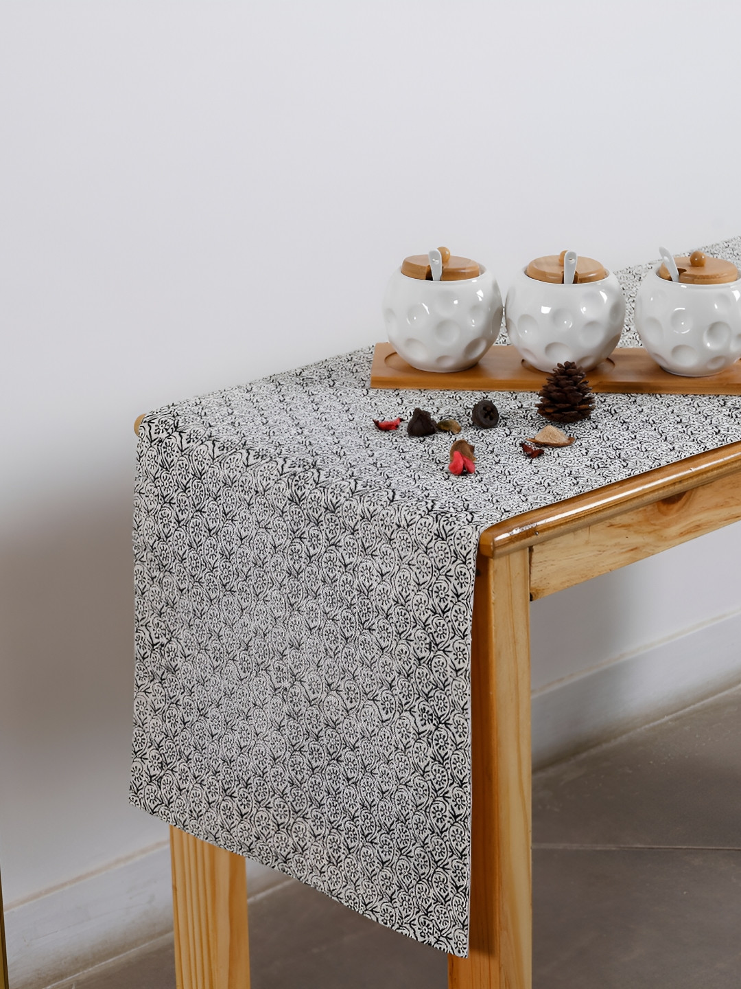 Ratan Cart Charcoal & Cream Coloured Floral Printed Table Runner