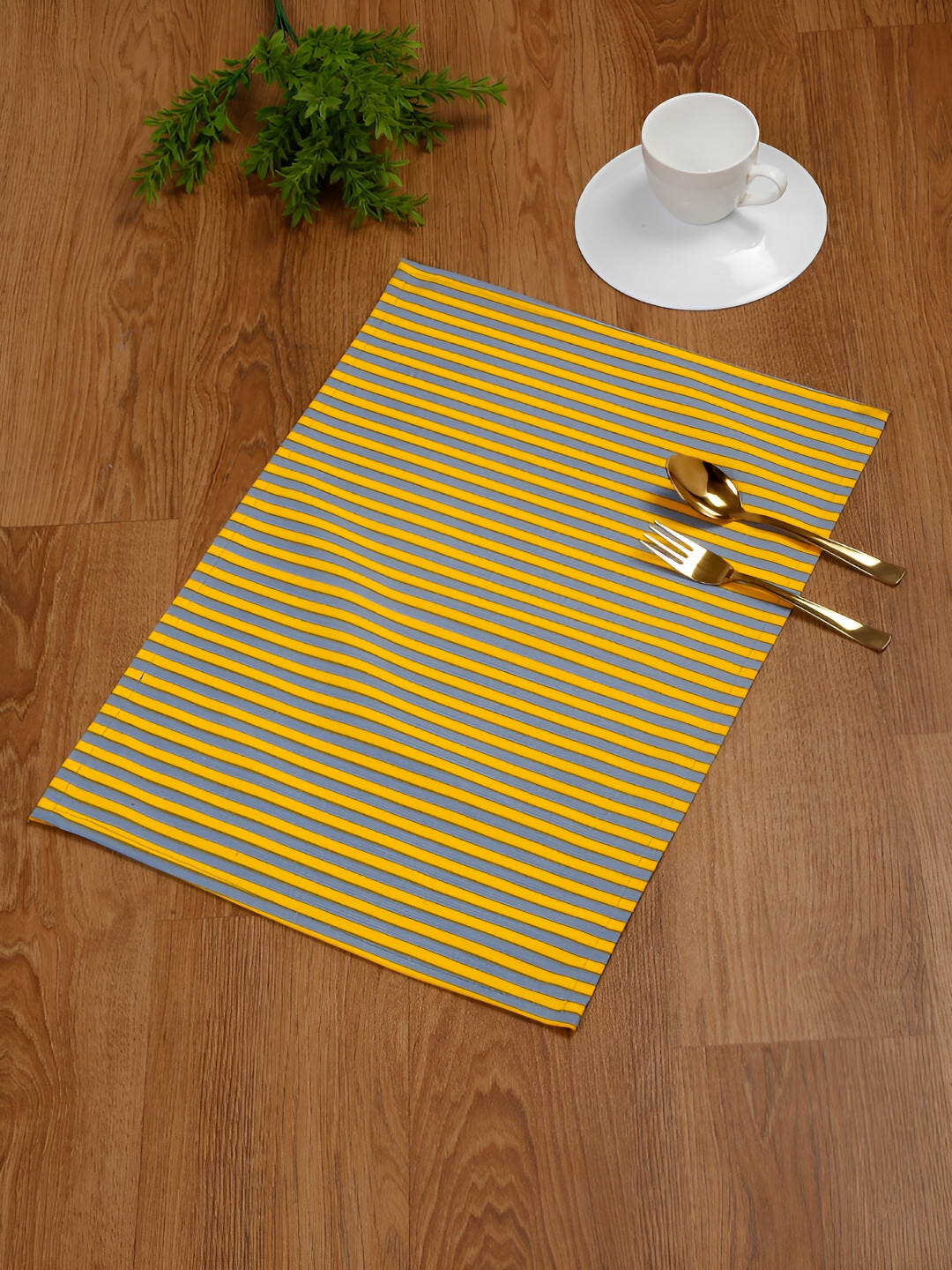 Ratan Cart Grey & Yellow 4 Pieces Striped Cotton Table Placemats