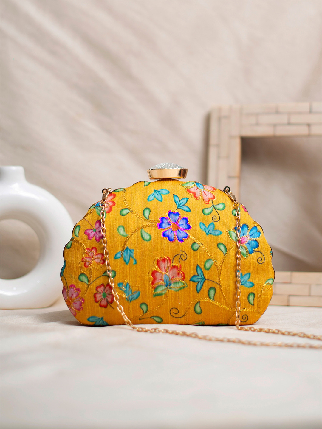 ARTKLIM Floral Printed Embroidered D-Shape Box Clutch