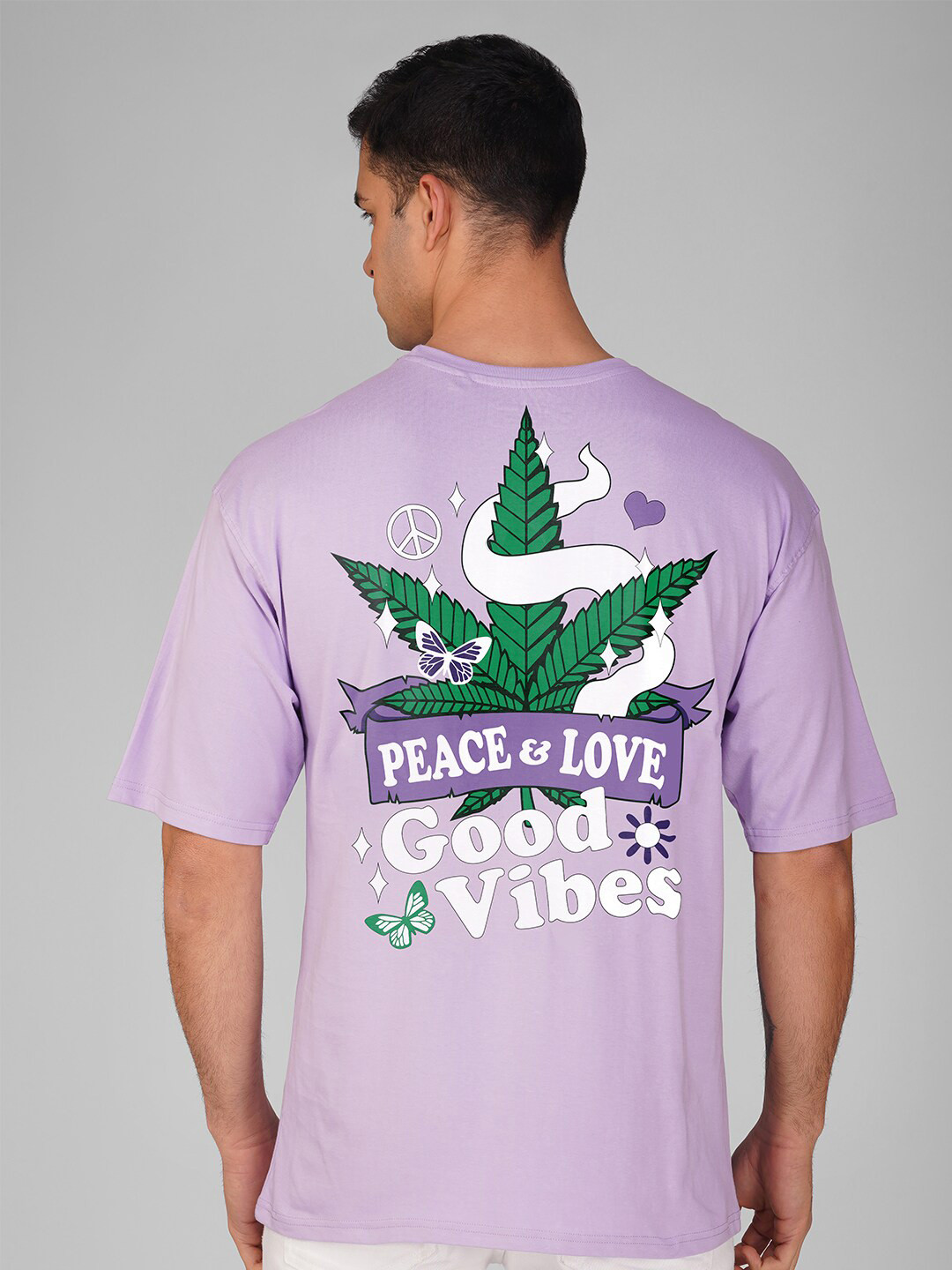Crazymonk Peace and Love Printed Drop Shoulder Pure Cotton Oversized T-Shirt