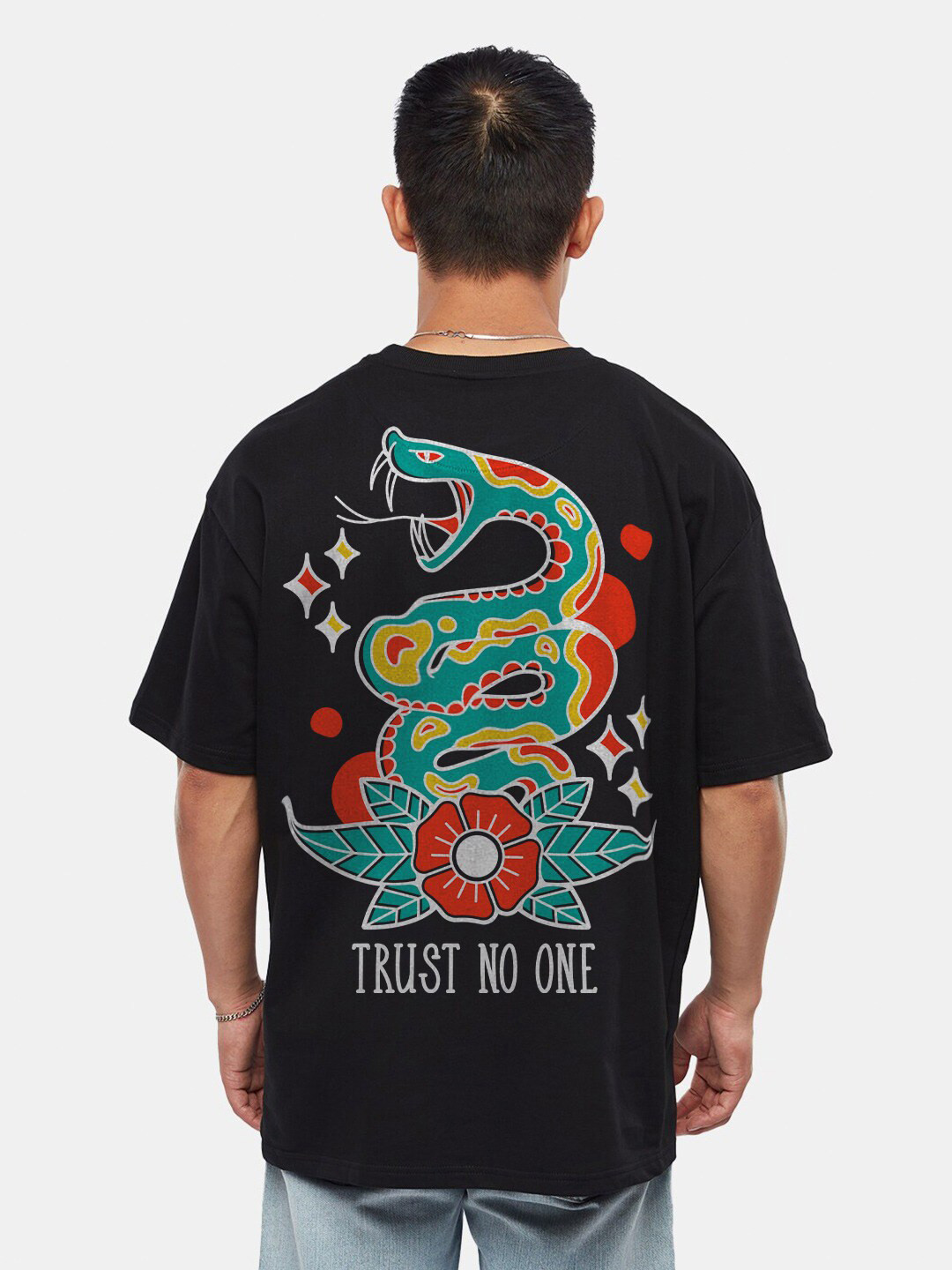 Crazymonk Trust No One Printed Drop Shoulder Pure Cotton Oversized T-Shirt