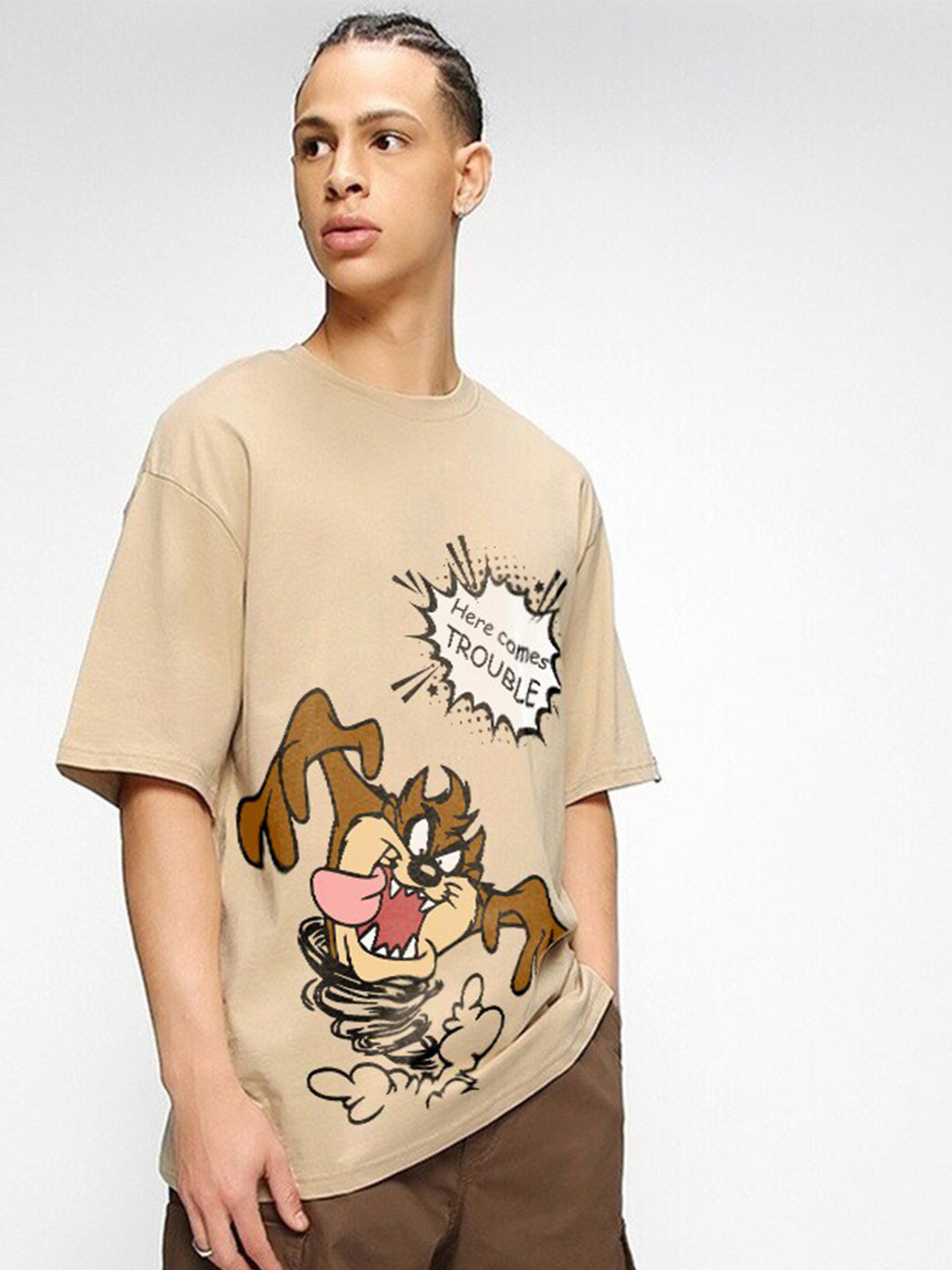 Crazymonk Taz Trouble Printed Drop Shoulder Pure Cotton Oversized T-Shirt