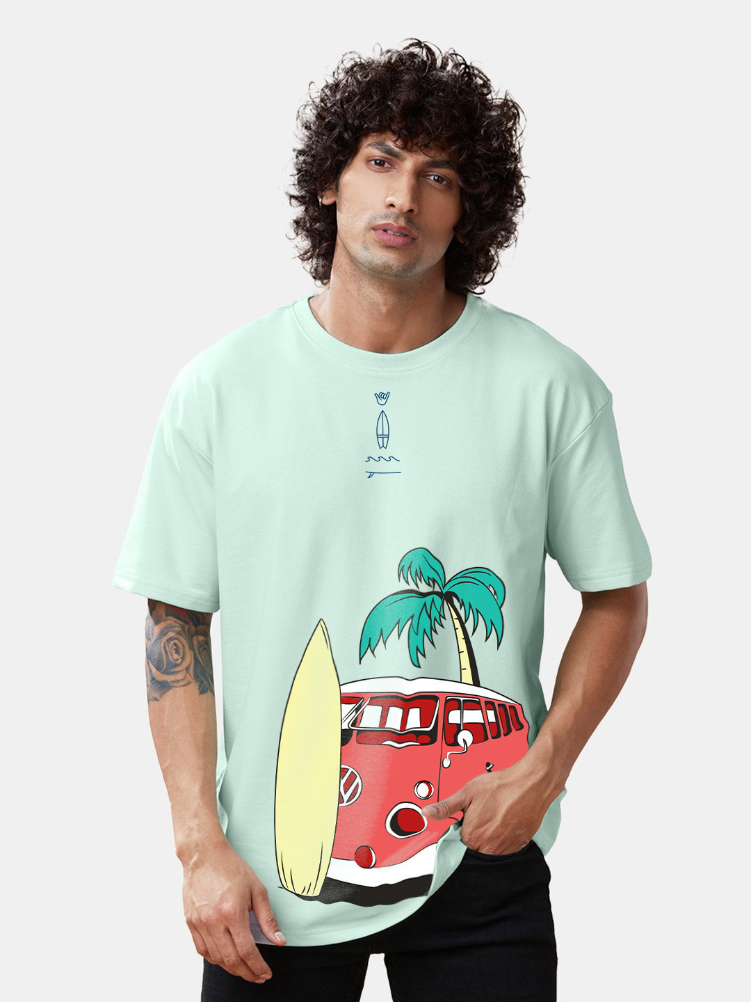 Crazymonk Surf And Chill Printed Drop Shoulder Pure Cotton Oversized T-Shirt