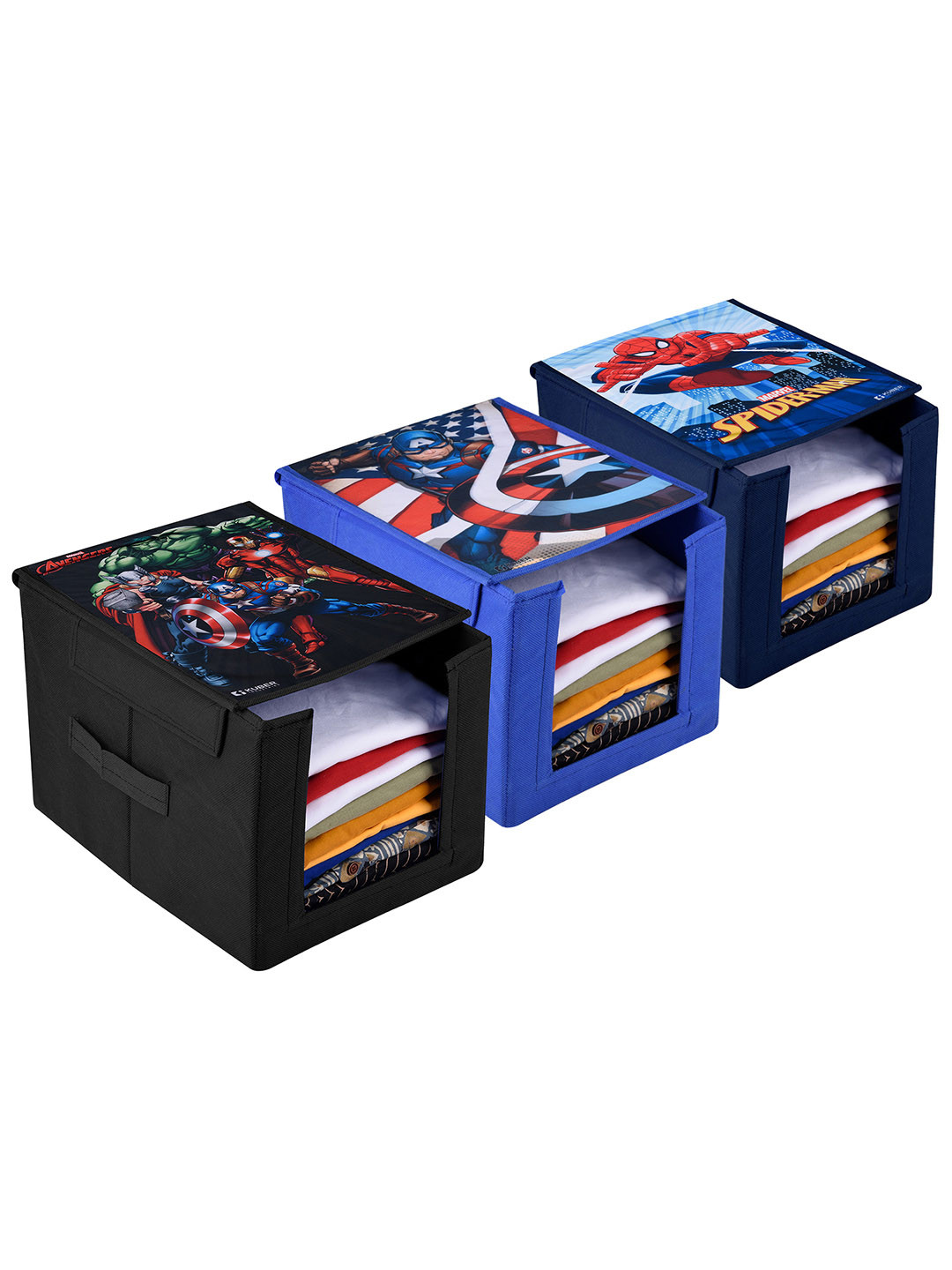 Kuber Industries Black & Blue 3 Pieces Marvel Non-Woven Foldable Shirt Box