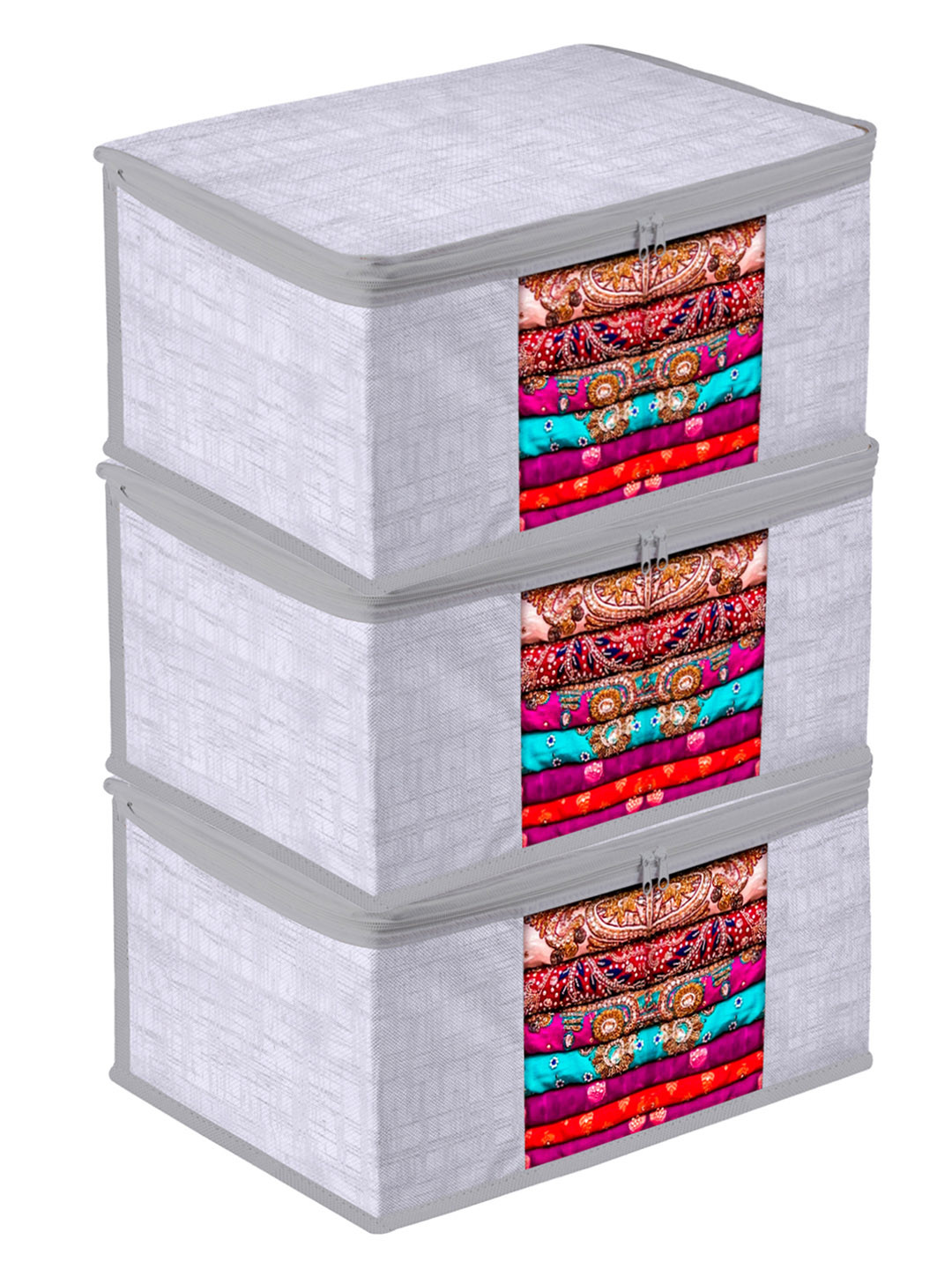 Kuber Industries Grey & Transparent 3 Pieces Printed Jute Saree Covers