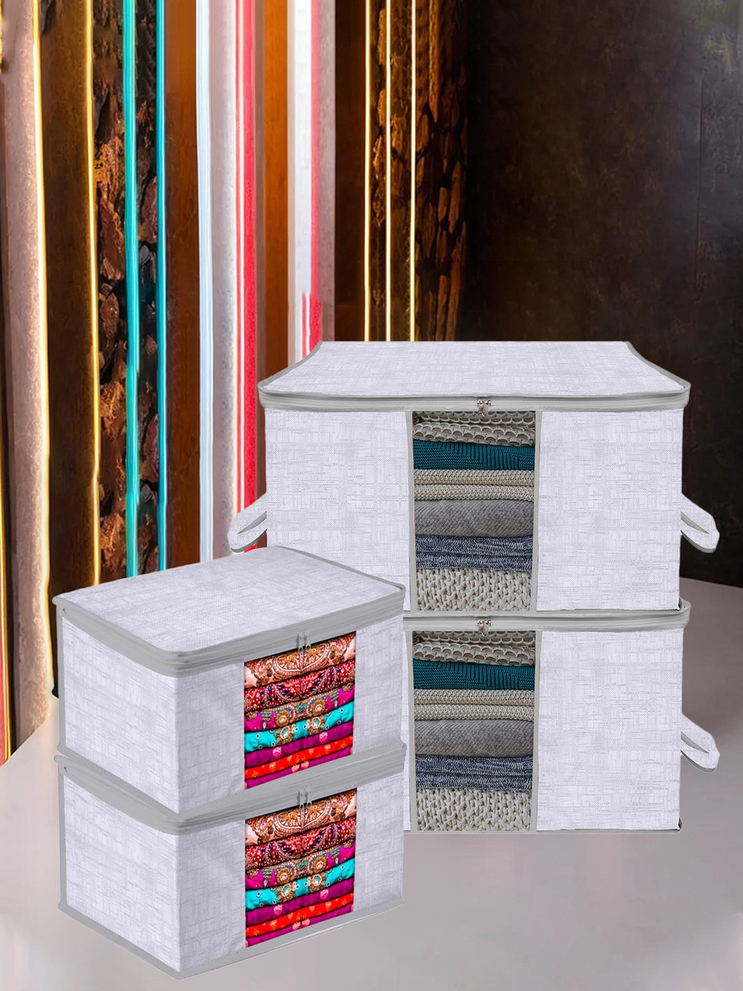 Kuber Industries Grey 4 Pcs Printed Saree Cover & Underbed Storage Bag set jute Print